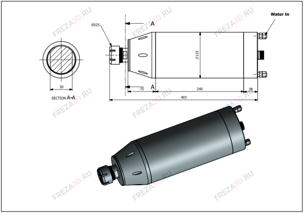 Шпиндель с жидкостным охлаждением (Тип Пуля) GDZ-125-5,5кВт 380V Er-25 for stone